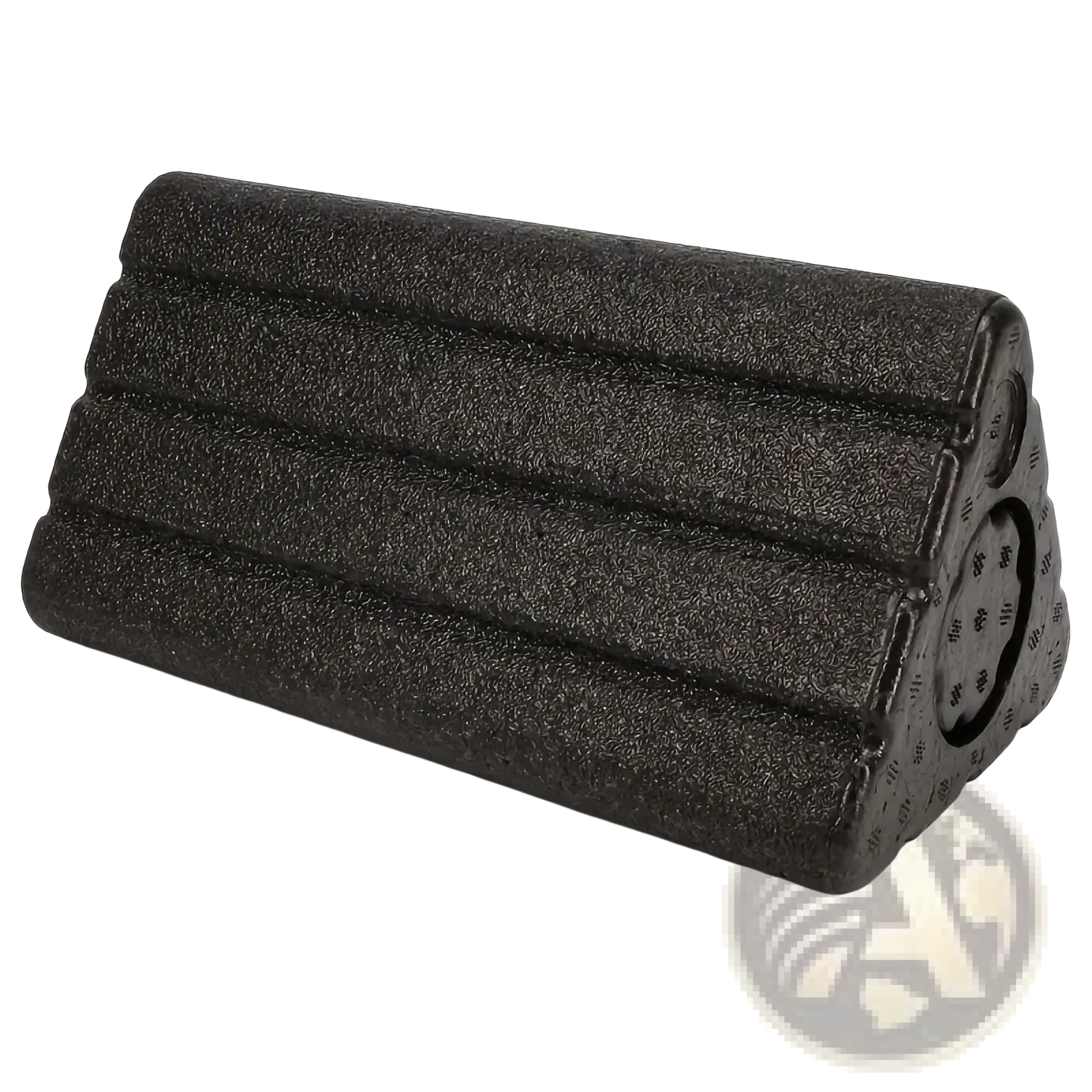 Black textured Epp triangle foam yoga roller with three ridges and circular indentations on the side