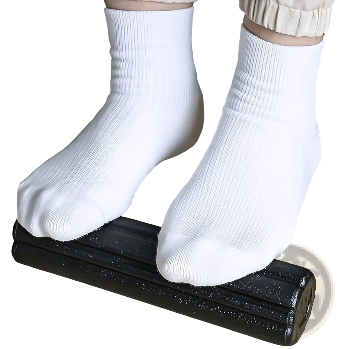 White ribbed ankle socks worn with beige pants resting on a black Epp triangle foam yoga block and roller