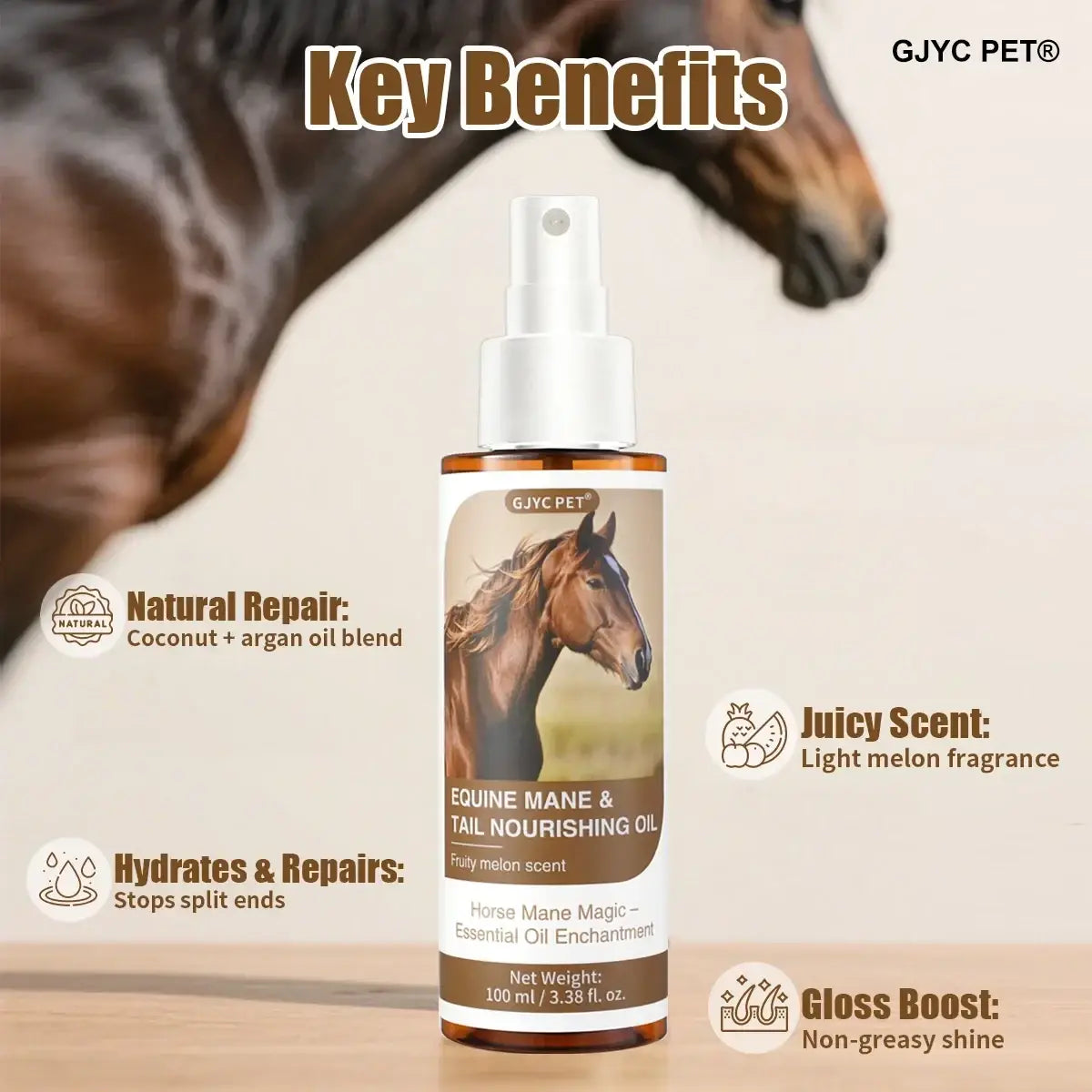 A clear amber glass bottle with white spray nozzle labeled gjyc pet equine hair care oil 100ml for mane and tail nourishment