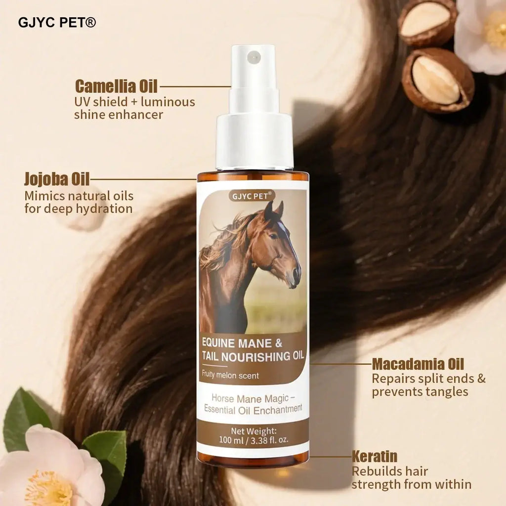 A clear glass bottle of gjyc pet equine mane and tail nourishing oil with amber liquid for hair care treatment