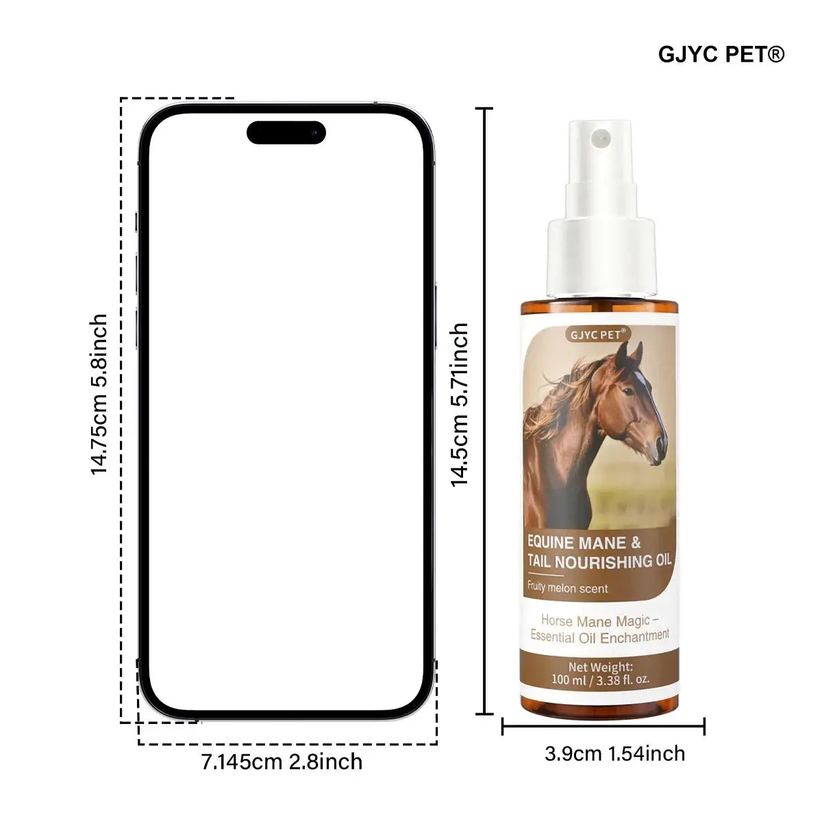 Gjyc equine hair care oil 100ml clear bottle with amber liquid and white spray for mane and tail nourishing treatment