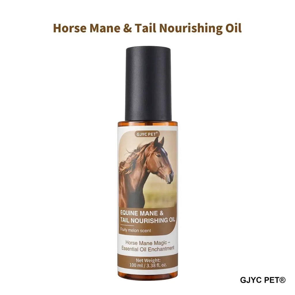 A sleek amber glass bottle of gjyc pet horse mane and tail nourishing oil for equine hair care treatment 100ml