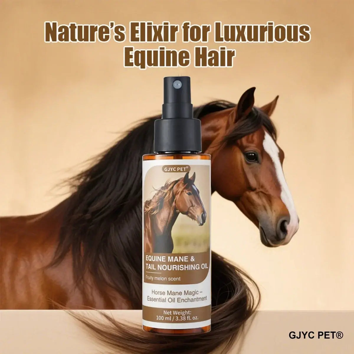 A sleek amber spray bottle of gjyc pet equine mane and tail nourishing hair care oil 100ml with black nozzle and horse label