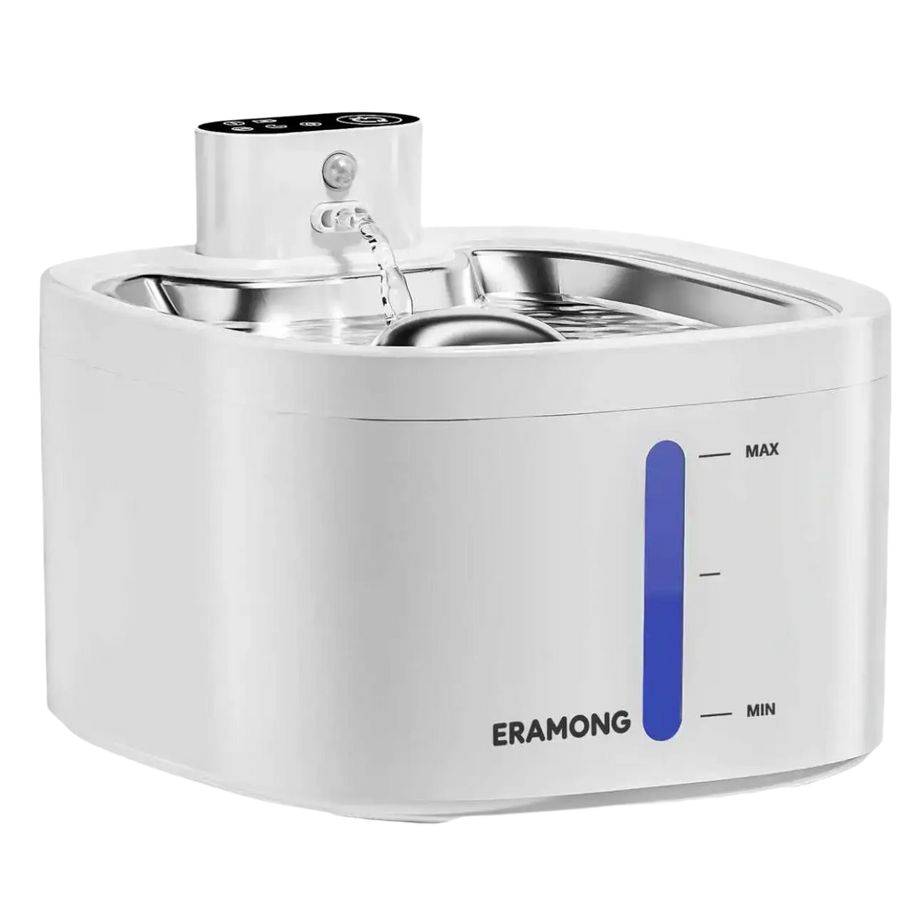 White Eramong stainless steel pet water fountain with 3.5L basin and digital control panel for pets