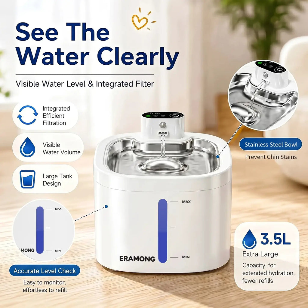 Eramong stainless steel pet water fountain in white with 3.5l capacity and visible water level indicator and filter system