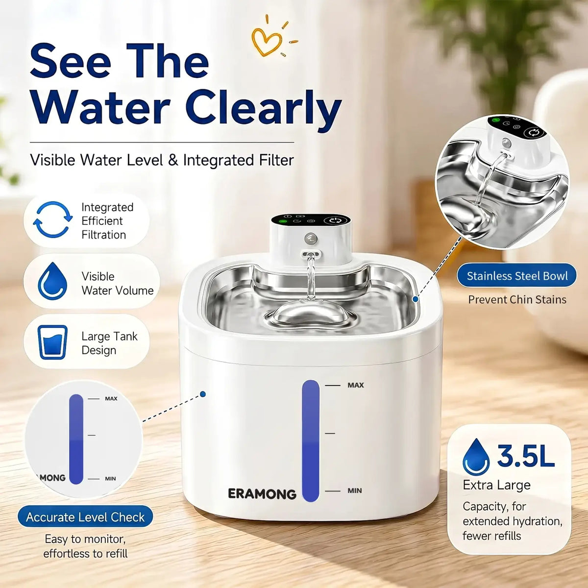 Eramong stainless steel pet water fountain in white with 3.5l capacity and visible water level indicator and filter system