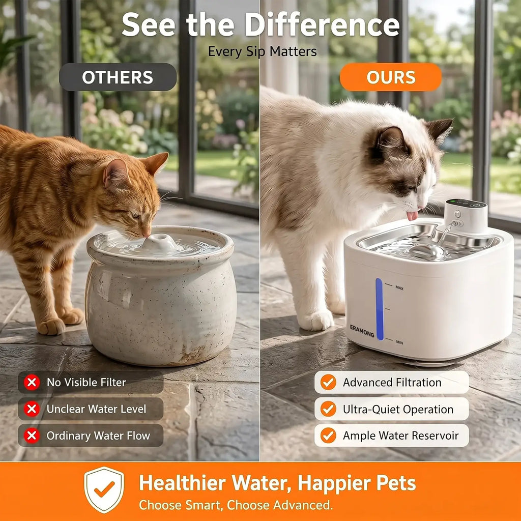 Eramong stainless steel pet water fountain in white ceramic with blue liquid level indicator and digital display 3.5l capacity