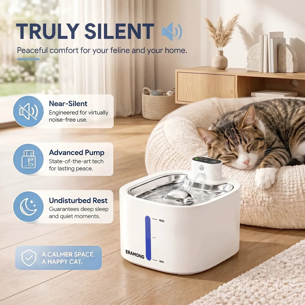 White ceramic eramong stainless steel pet water fountain with sleek modern design and blue liquid level indicator