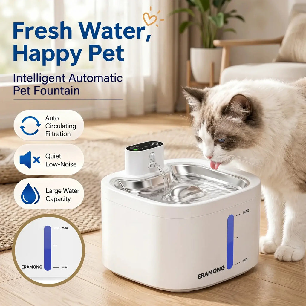 White Eramong stainless steel pet water fountain 3.5L with intelligent automatic design and digital control panel