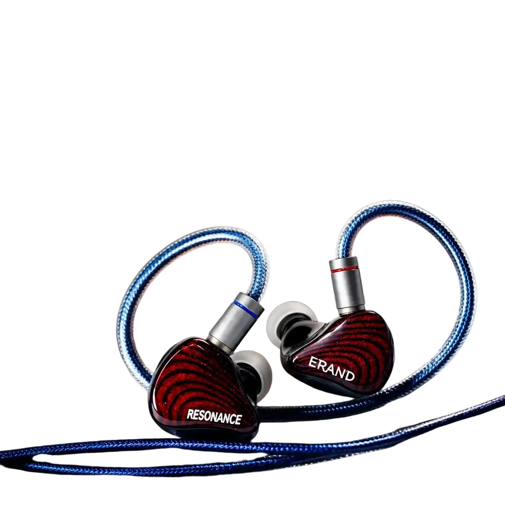 Erand resonance 5 hybrid iem with glossy red and black casings, silver accents, blue braided cables, and 5-way crossover