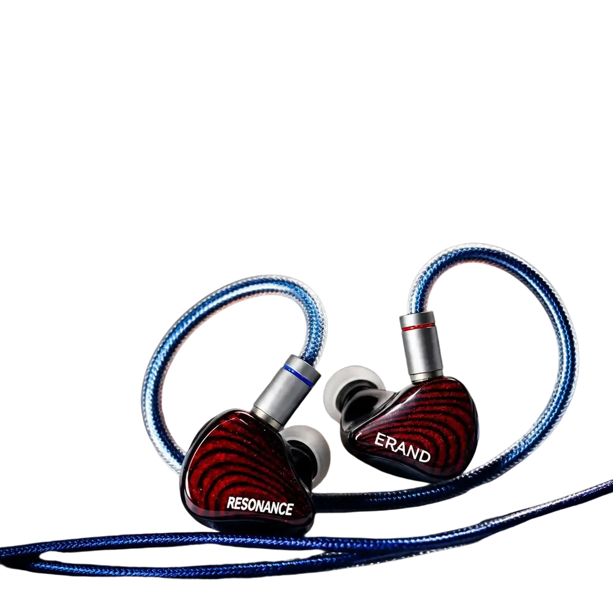 Erand resonance 5 hybrid iem with glossy red and black casings, silver accents, blue braided cables, and 5-way crossover