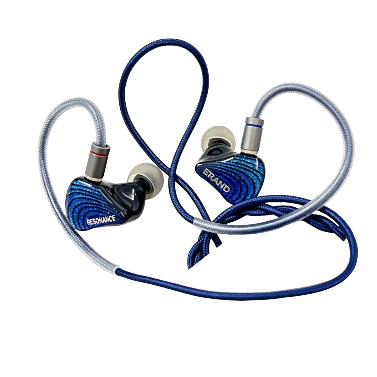 Blue and black erand resonance 5 hybrid in-ear monitors with textured wave-patterned casings and rlc 5-way crossover