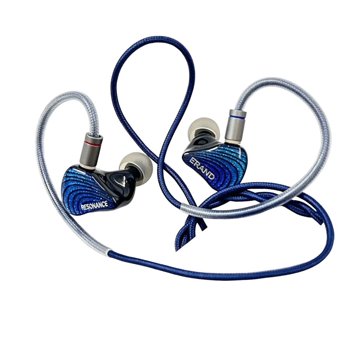 Blue and black inlaid erand resonance 5 hybrid iem earphones with braided cables and 5-way crossover frequency response