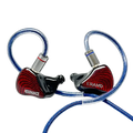 Red and black erand resonance 5 hybrid in-ear monitors with silver accents blue braided cables and 5-way crossover frequency response