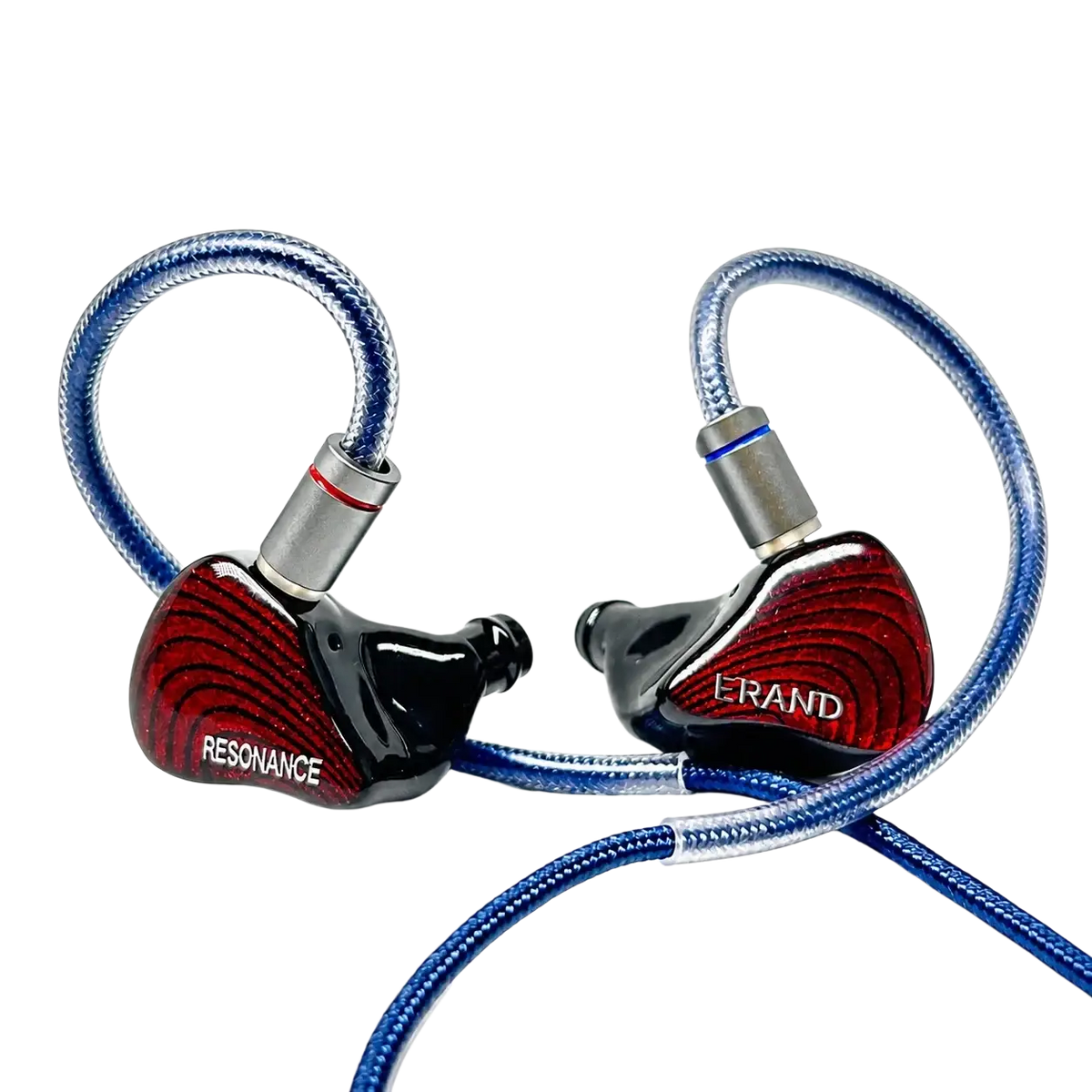 Erand resonance 5 hybrid iem with red and black glossy earphones, silver connectors, blue braided cables, and 5-way crossover