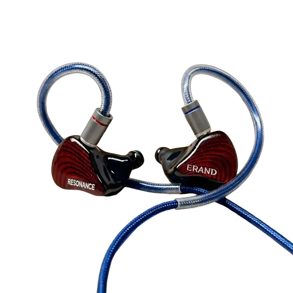 Red and black erand resonance 5 hybrid iem with 5-way crossover and blue braided cables showing enhanced frequency response