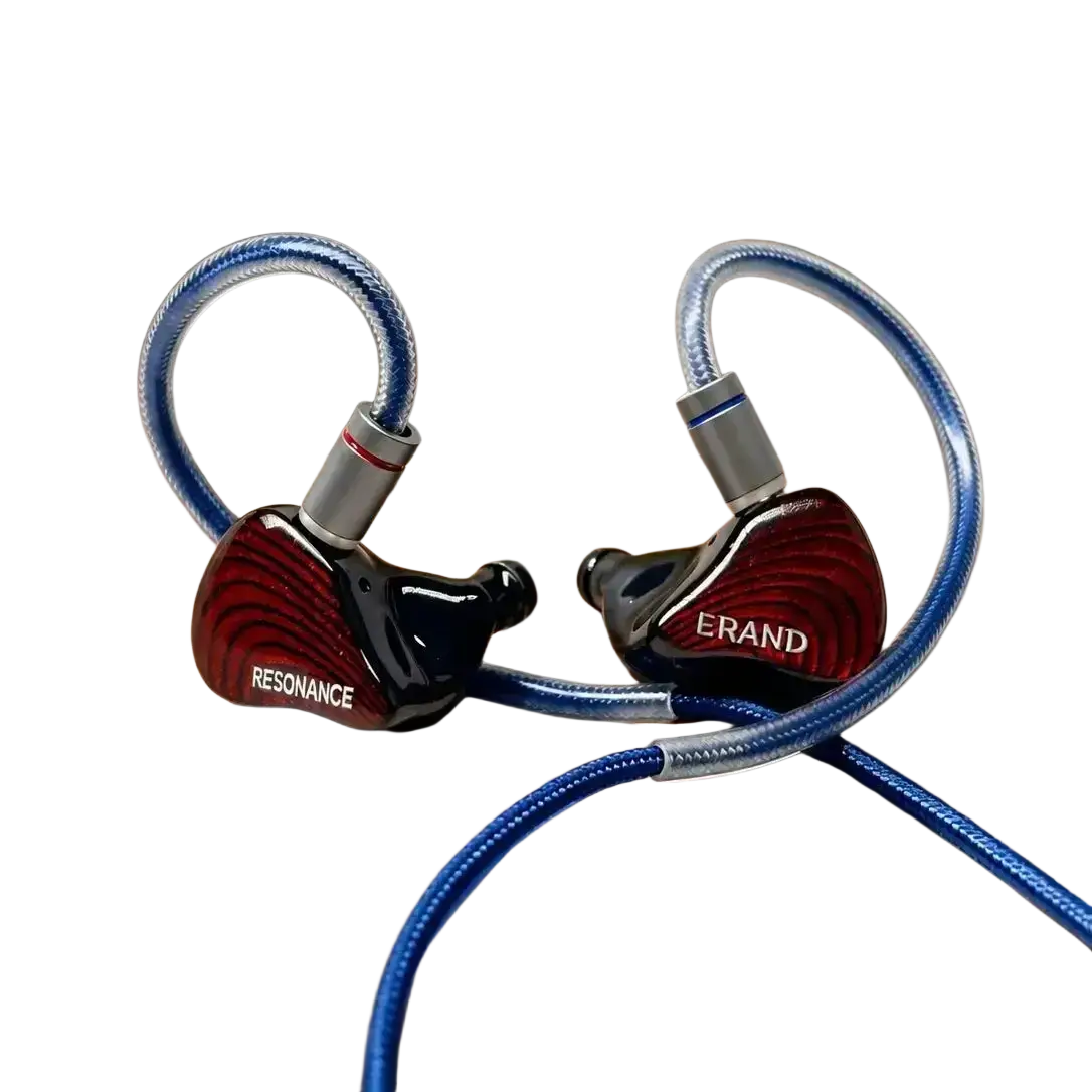Red and black erand resonance 5 hybrid iem with 5-way crossover and blue braided cables showing enhanced frequency response