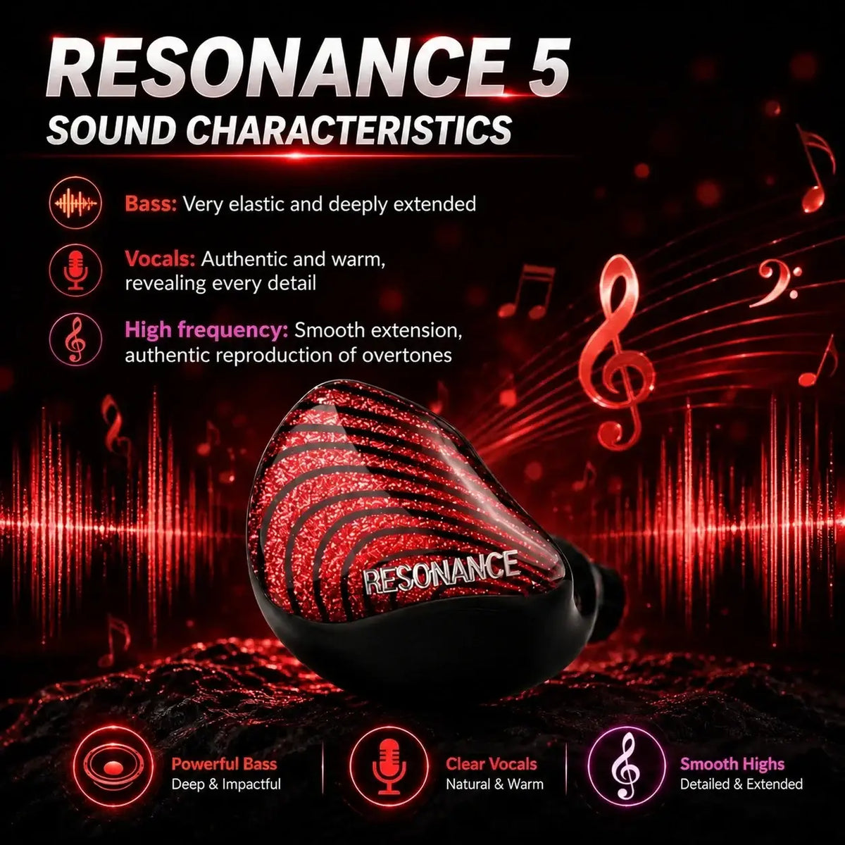 Erand resonance 5 red glittery in-ear earphone with black silicone tip featuring 5-way crossover and rlc crossover design