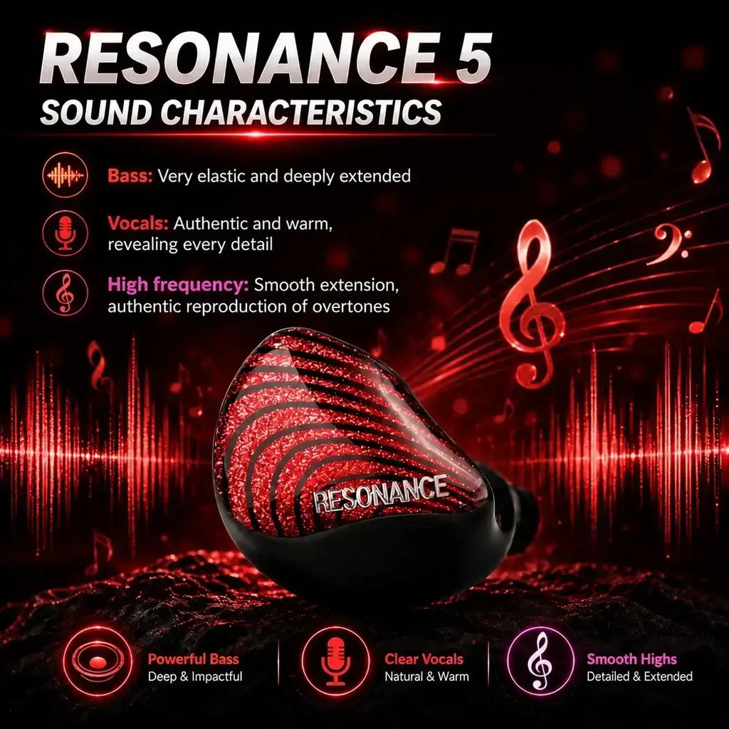 Red glittery erand resonance 5 hybrid in-ear earbud with black silicone tip featuring 5-way crossover frequency response