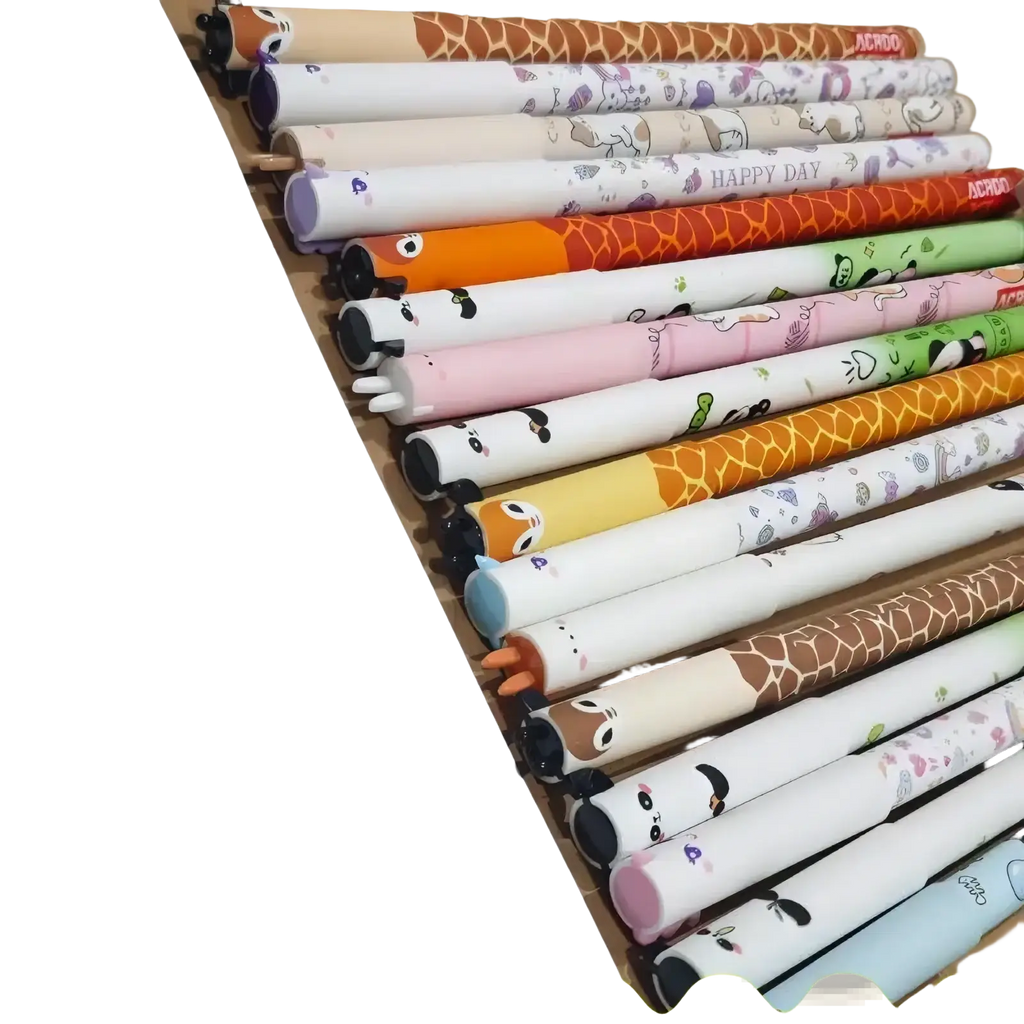 A set of six colorful erasable animal gel pens with cute cartoon designs and vibrant patterns for writing and drawing