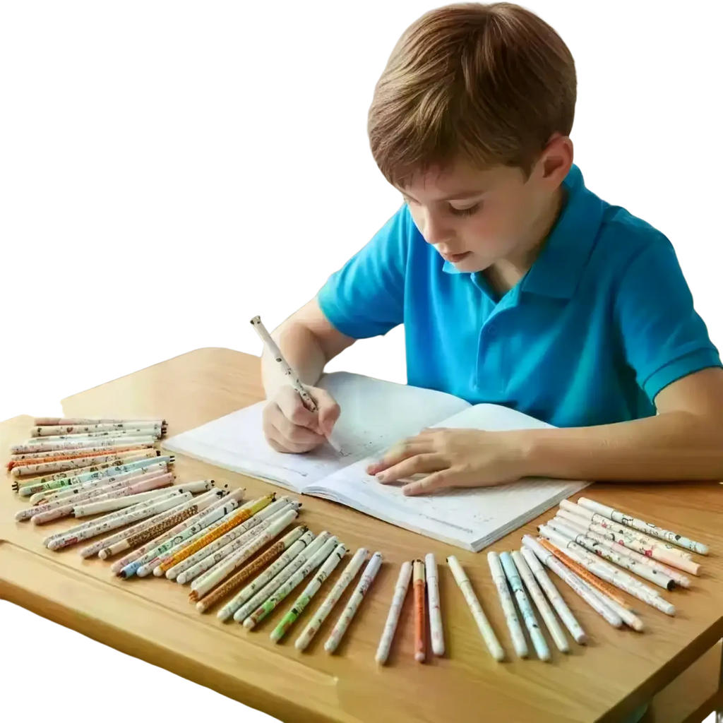 A child in a blue polo shirt writes with a pencil next to colorful erasable animal gel pens cartoon writing set