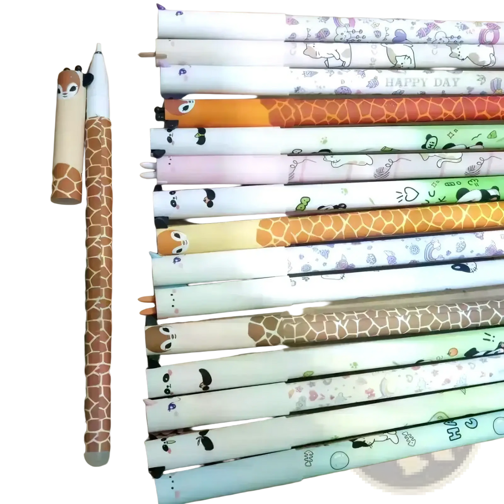 A set of colorful erasable animal gel pens with cute cartoon designs and patterned barrels for writing and drawing