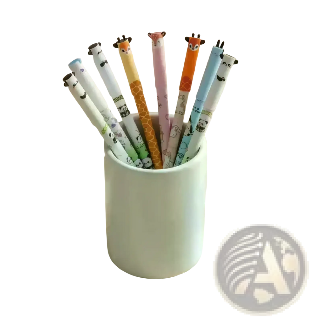 A collection of erasable animal gel pens with colorful pastel giraffe and panda cartoon designs for cute writing set
