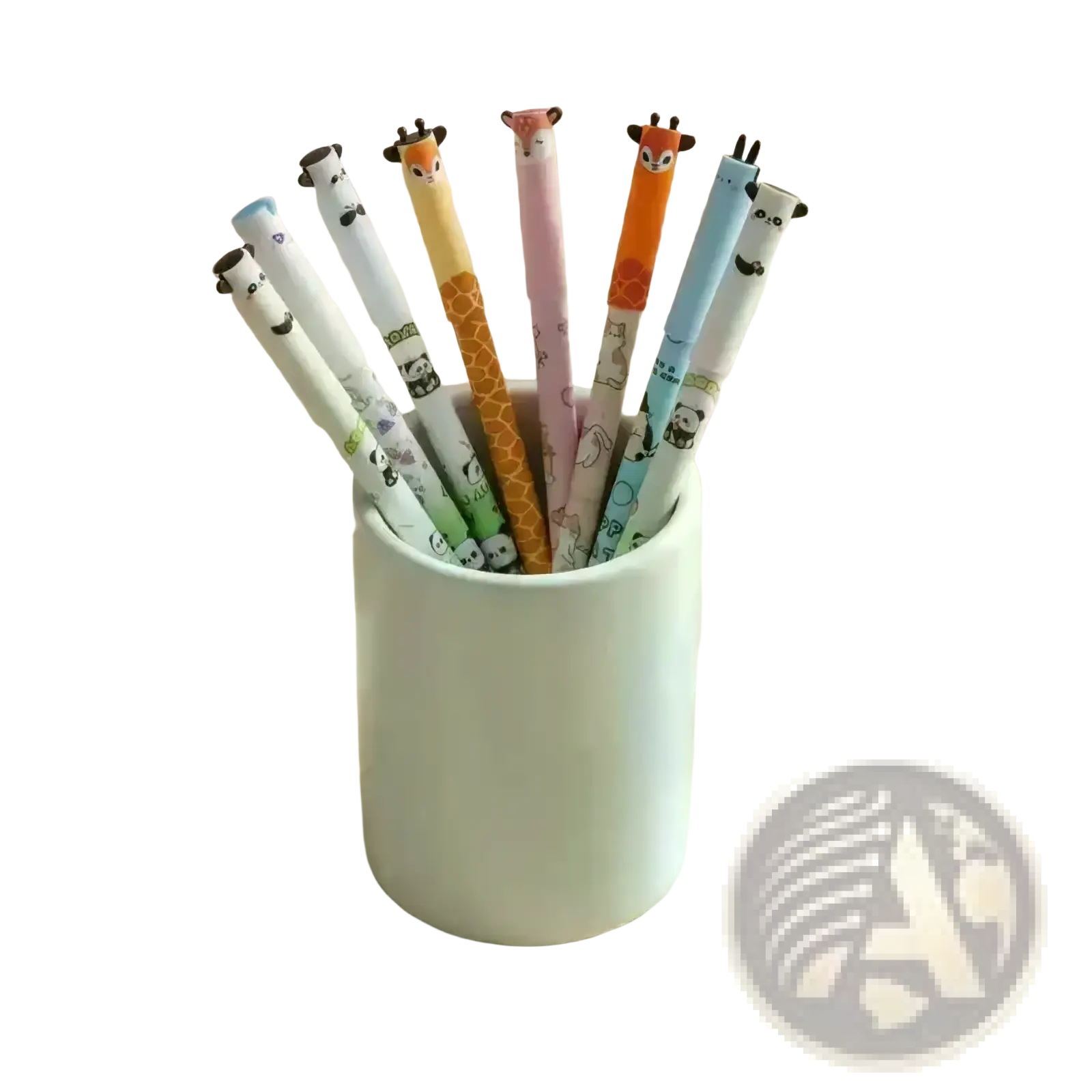 A collection of erasable animal gel pens with colorful pastel giraffe and panda cartoon designs for cute writing set