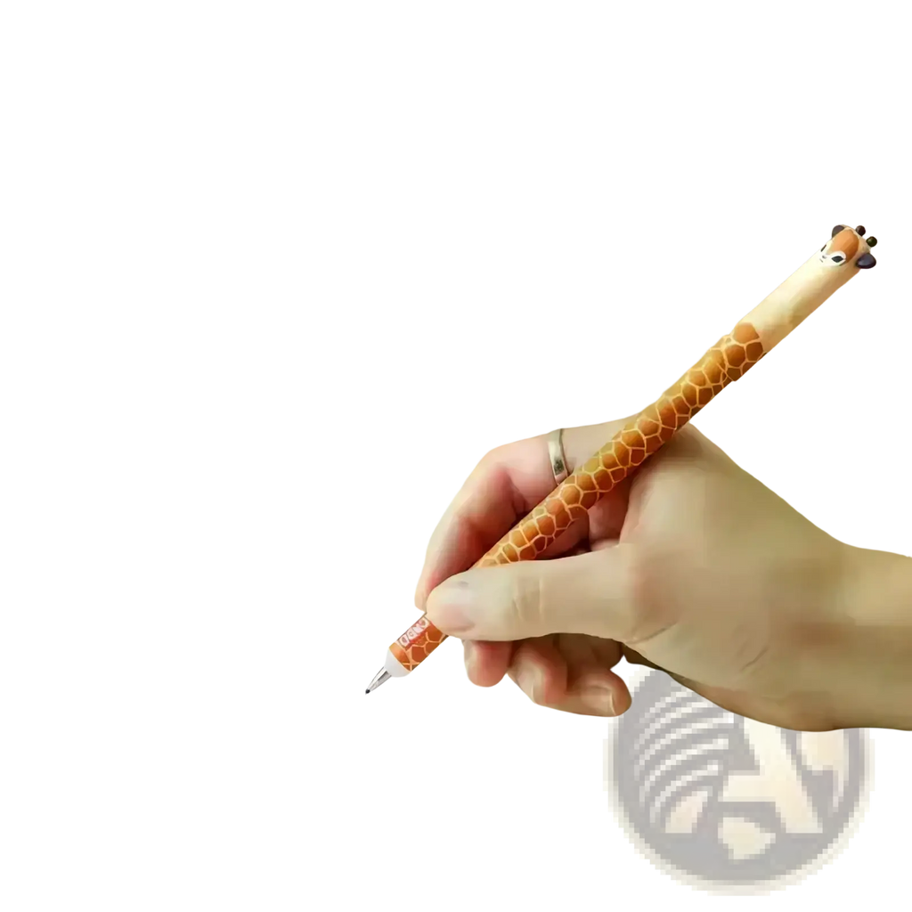 Erasable animal gel pen with a giraffe-themed tan and brown spotted pattern and a cute face topper for writing