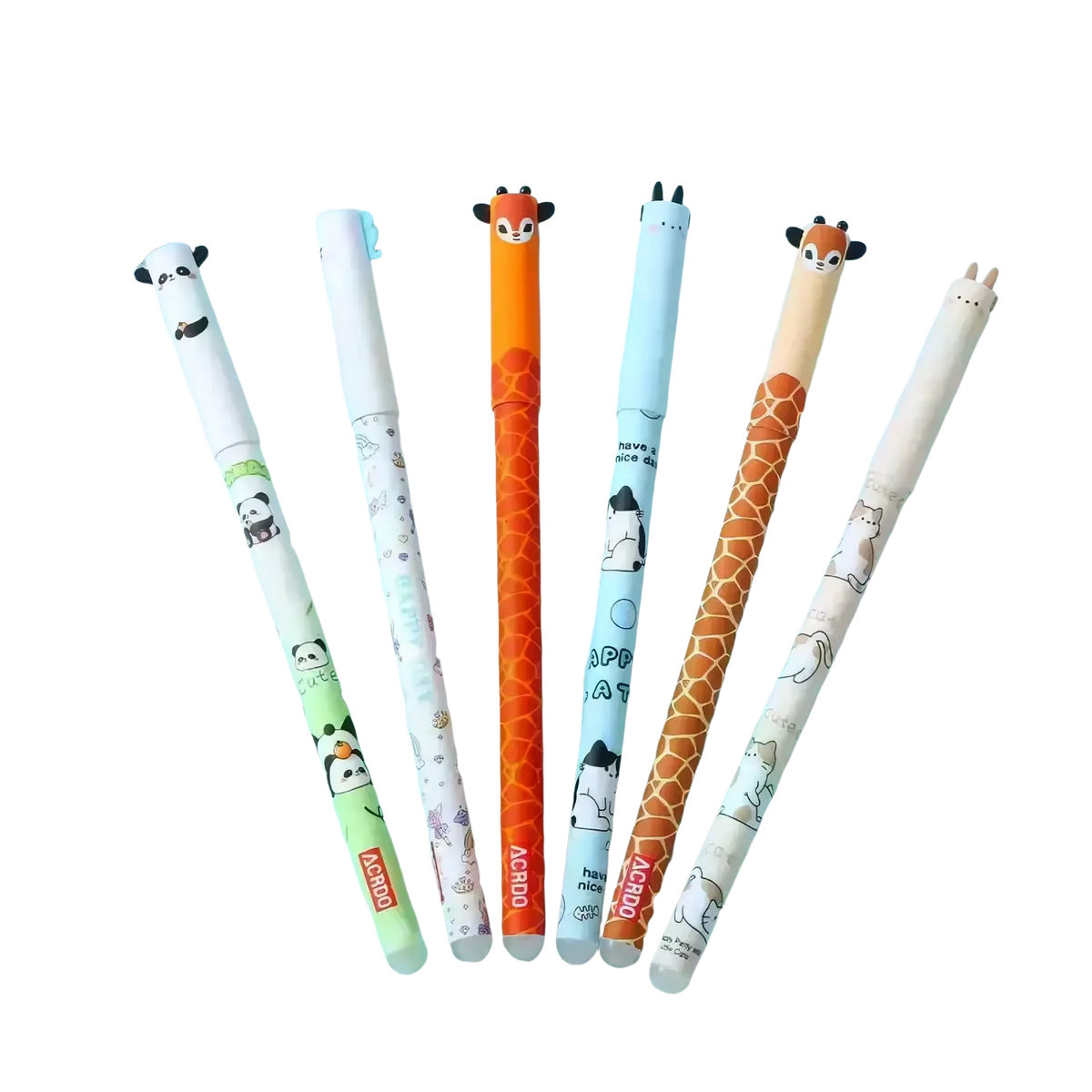 Set of six colorful erasable animal gel pens with soft plastic bodies and cute cartoon writing designs