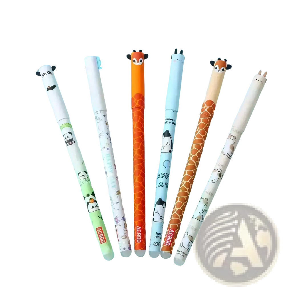 Set of six colorful erasable animal gel pens with soft plastic bodies and cute cartoon writing designs