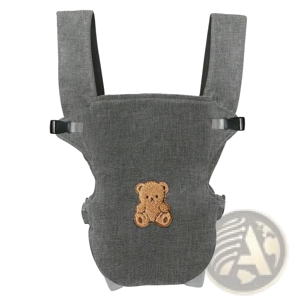 Ergonomic gray textured fabric baby carrier with a small brown embroidered teddy bear patch for front and back use