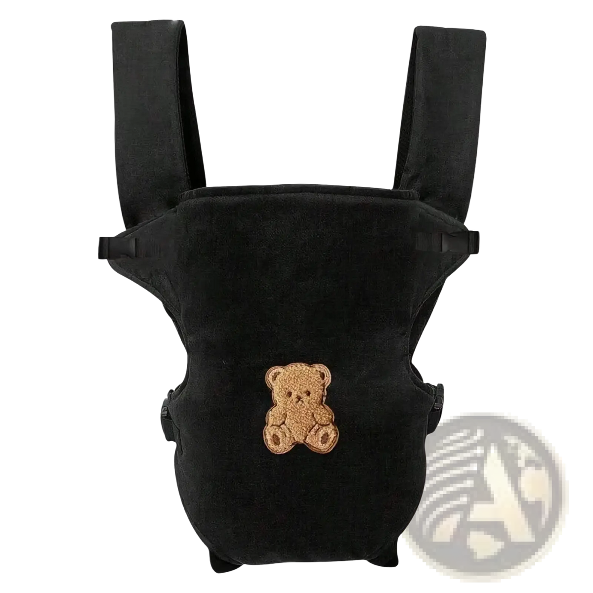 Ergonomic 4-in-1 black velvet baby carrier with tan embroidered teddy bear patch for front and back travel use