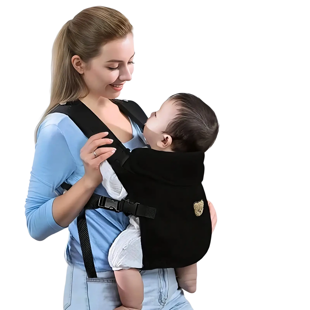 Ergonomic 4-in-1 black baby carrier with adjustable padded straps designed for front and back travel comfort