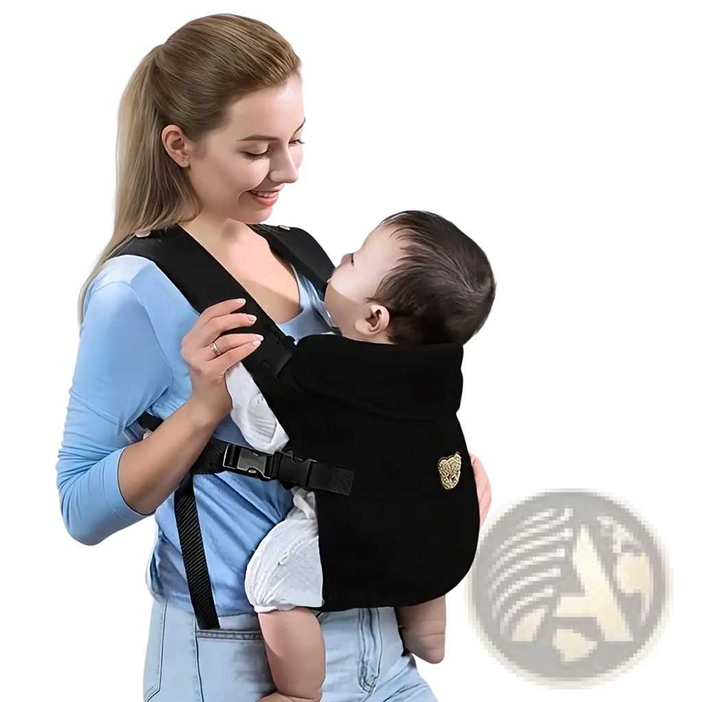 Ergonomic 4-in-1 black baby carrier with adjustable padded straps designed for front and back travel comfort