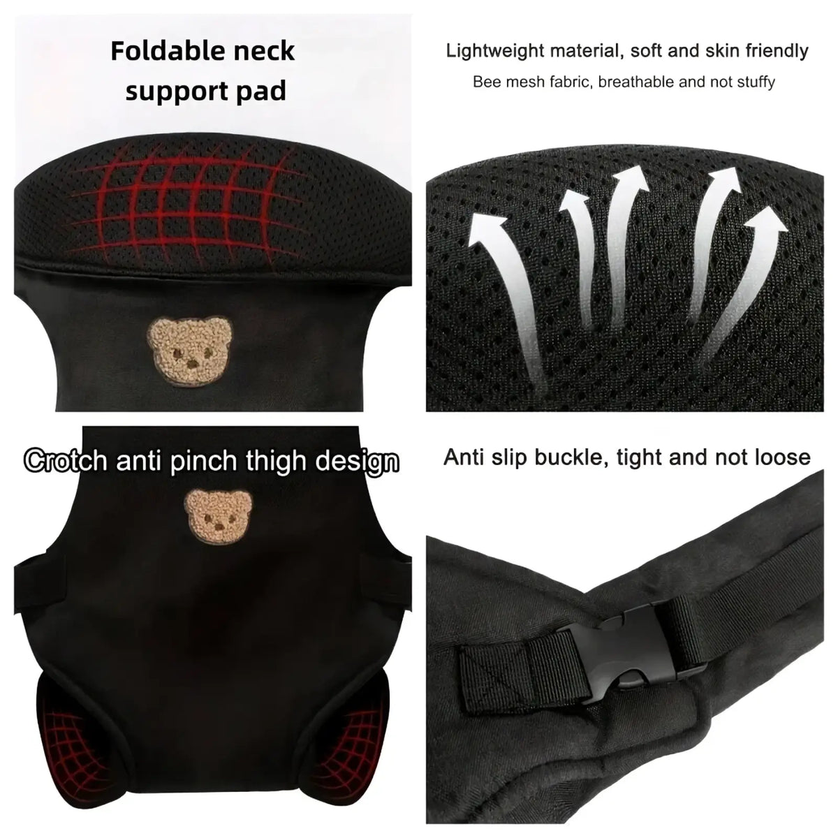 Ergonomic baby carrier 4-in-1 front and back travel gear in black bee mesh fabric with red grid accents and bear patches