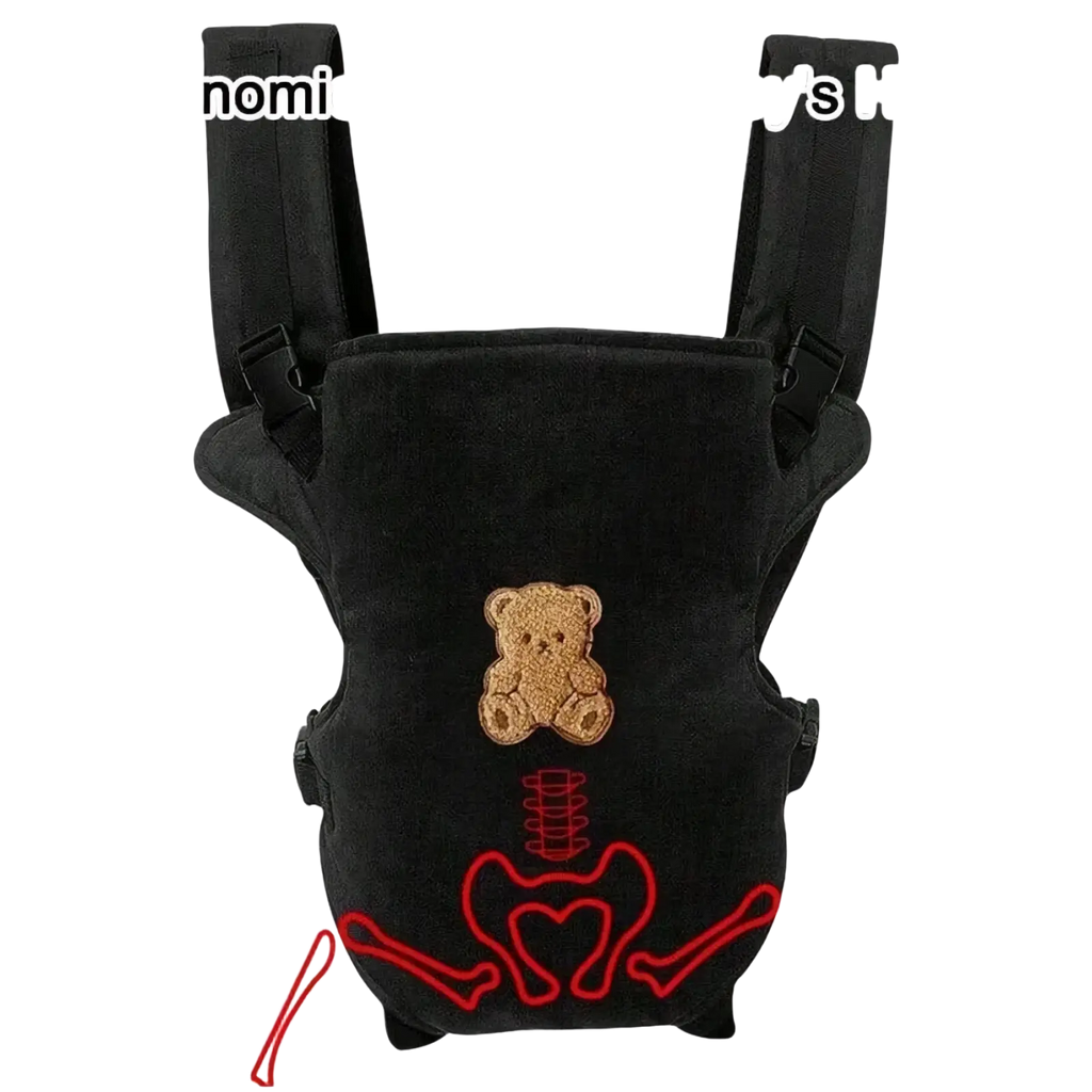 Ergonomic black plush baby carrier 4-in-1 with tan embroidered bear and red skeleton design for front and back use