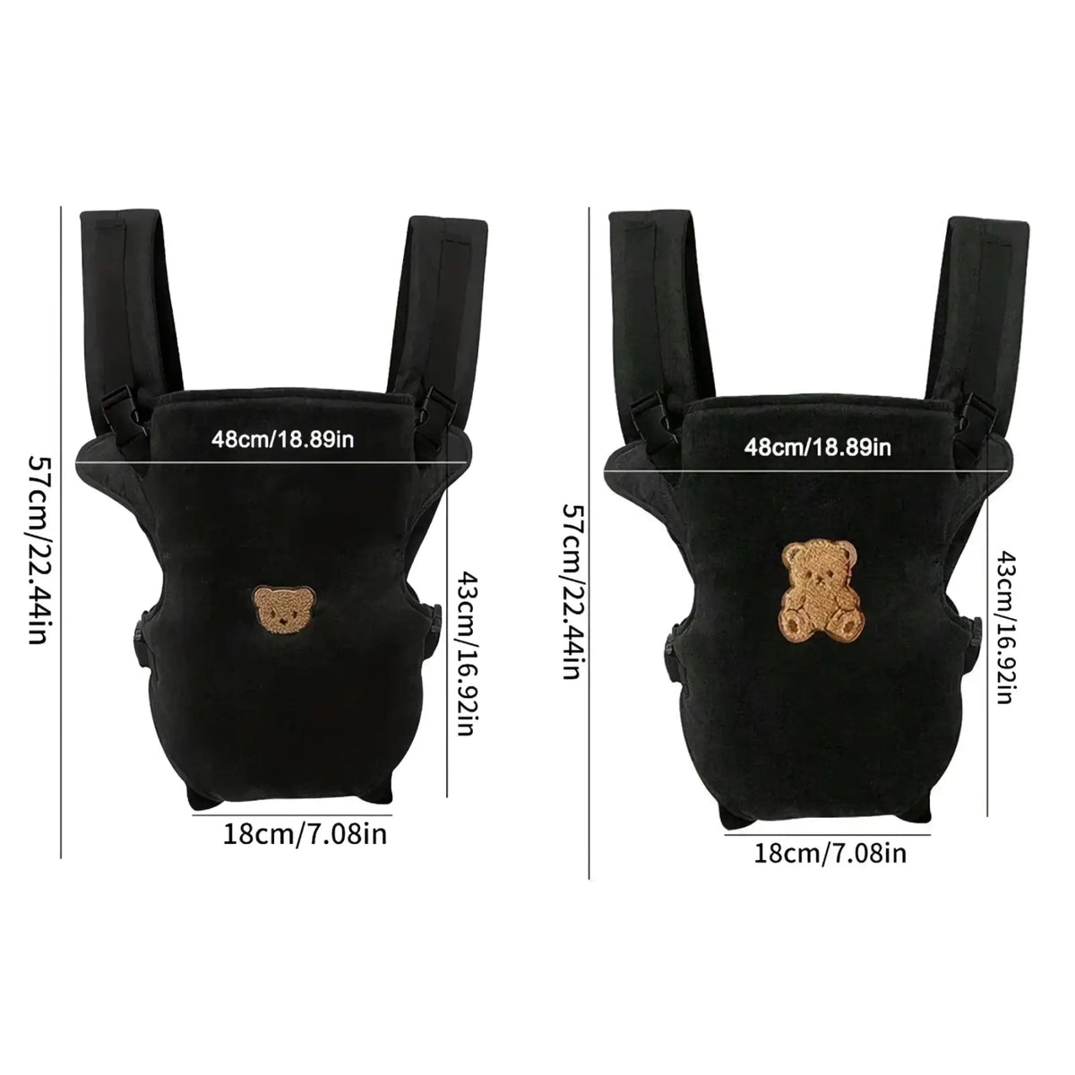 Ergonomic black plush baby carrier with tan embroidered bear design for front and back travel use