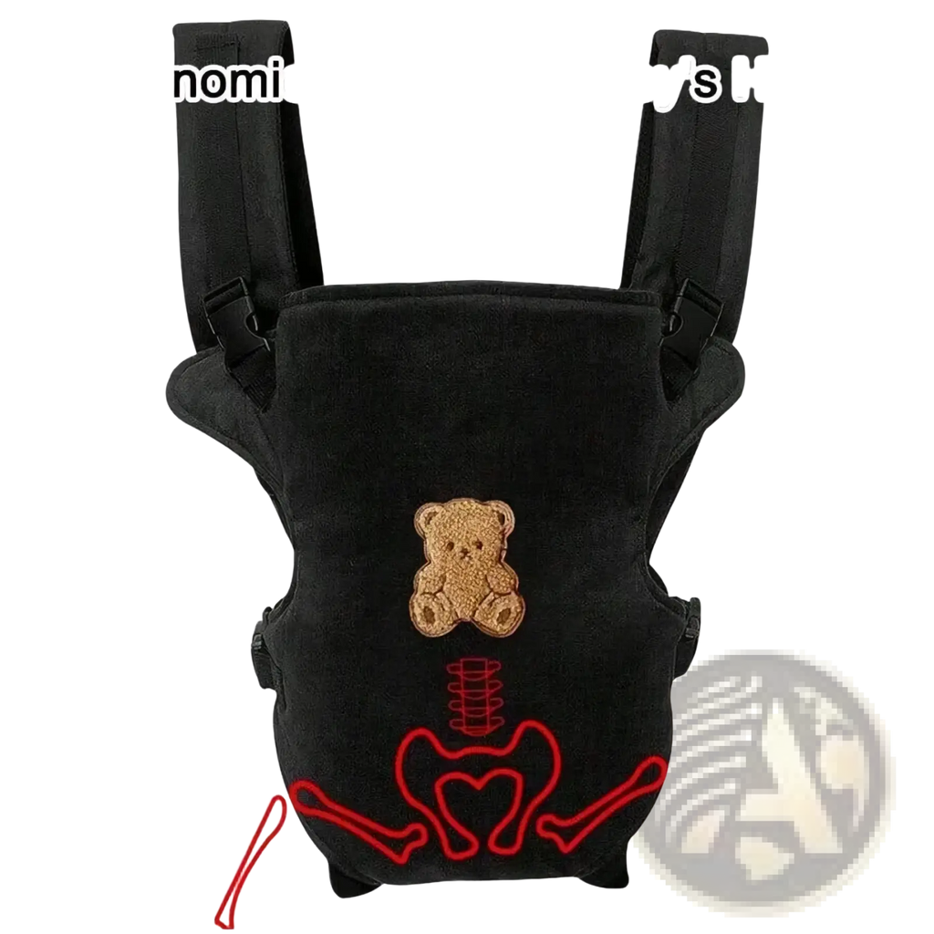 Ergonomic black plush baby carrier 4-in-1 with tan embroidered bear and red skeleton design for front and back use