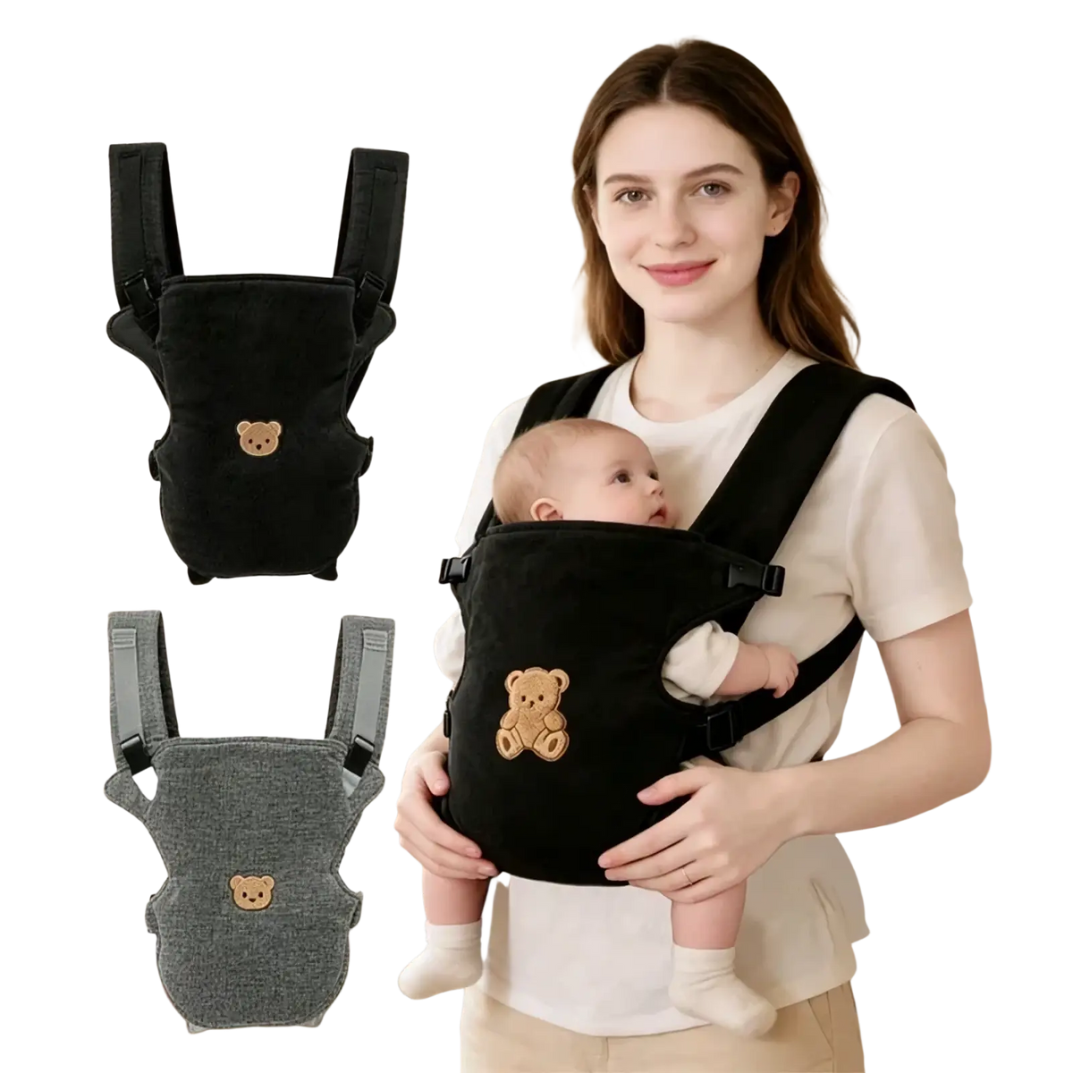Ergonomic baby carrier 4-in-1 front and back travel gear in black velvet with tan embroidered bear design