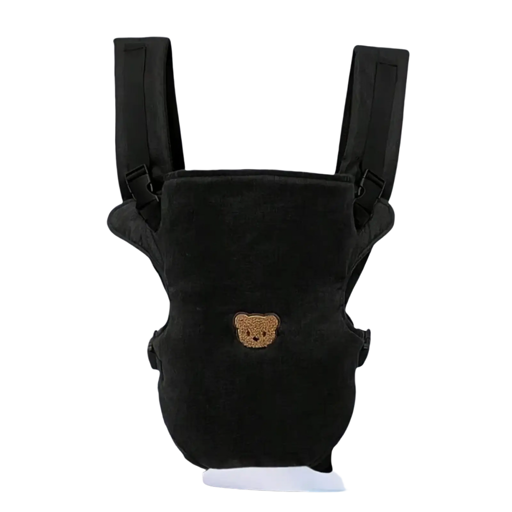 Ergonomic black velvet 4-in-1 baby carrier with embroidered brown bear face for front and back travel use