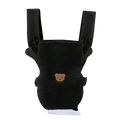 Ergonomic black velvet 4-in-1 baby carrier with embroidered brown bear face for front and back travel use