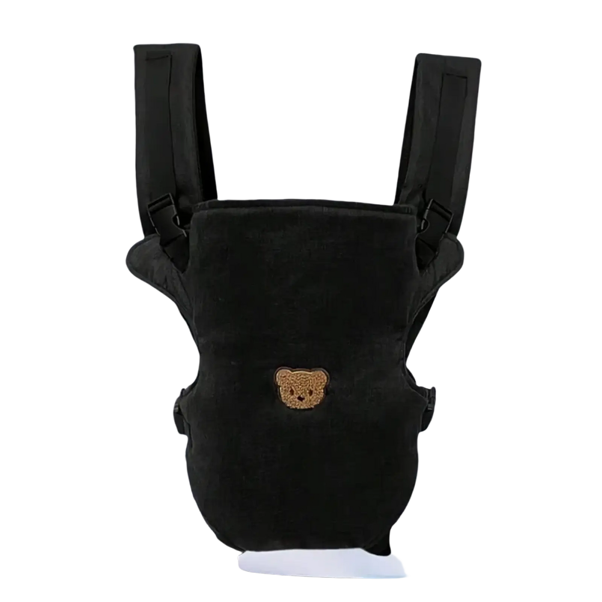 Ergonomic black velvet 4-in-1 baby carrier with embroidered brown bear face for front and back travel use