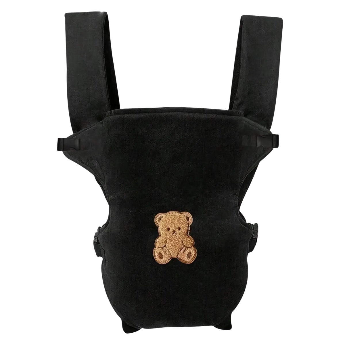 Ergonomic 4-in-1 black velvet baby carrier with tan embroidered teddy bear patch for front and back travel use