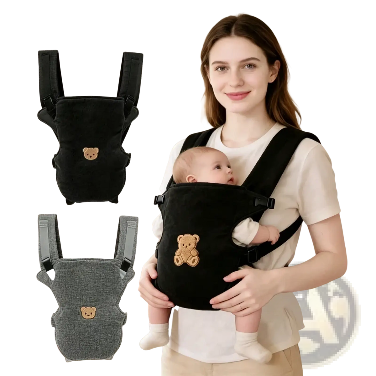 Ergonomic baby carrier 4-in-1 front and back travel gear in black velvet with tan embroidered bear design