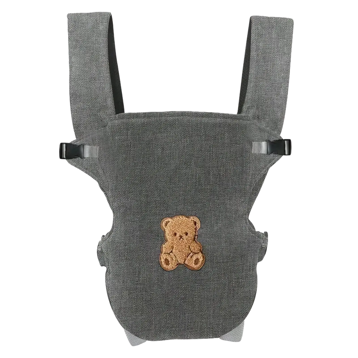 Ergonomic gray textured fabric baby carrier with a small brown embroidered teddy bear patch for front and back use