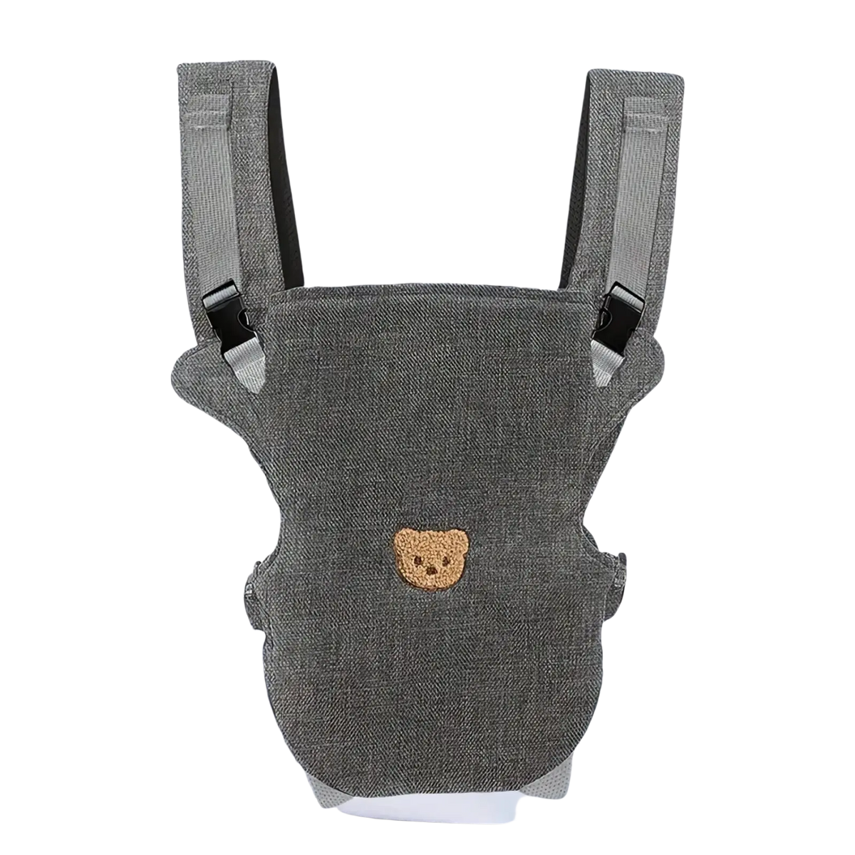 Ergonomic baby carrier 4-in-1 front and back travel gear in gray textured fabric with tan embroidered bear face