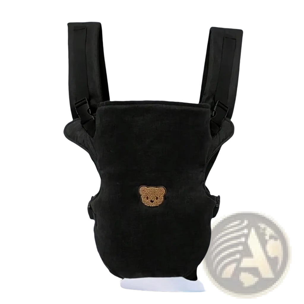 Ergonomic black velvet 4-in-1 baby carrier with embroidered brown bear face for front and back travel use