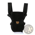 Ergonomic black velvet 4-in-1 baby carrier with embroidered brown bear face for front and back travel use