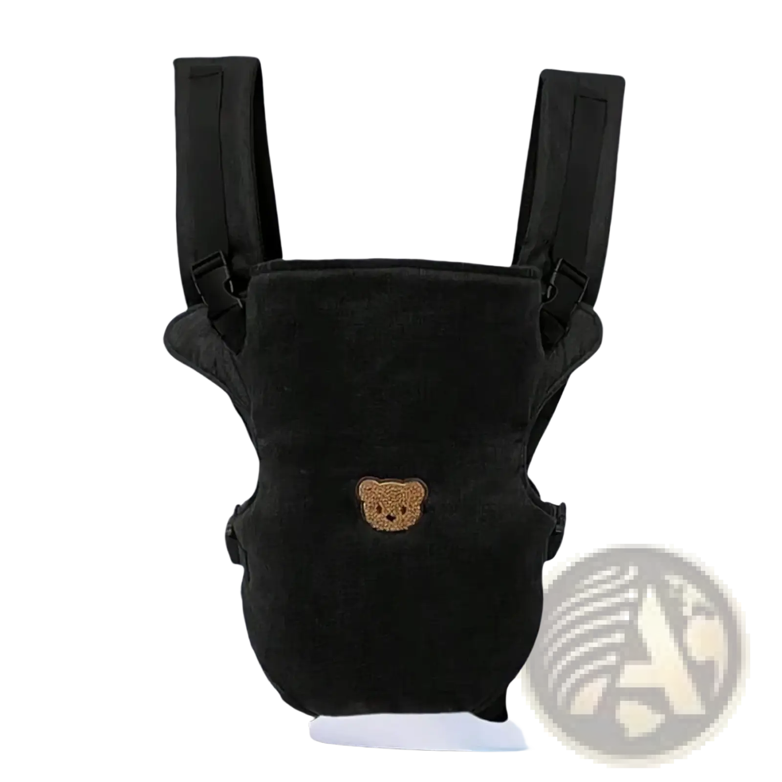 Ergonomic black velvet 4-in-1 baby carrier with embroidered brown bear face for front and back travel use